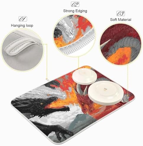 OTVEE Fire Dragon Ice Dragon Art Dish Drying Mat for Kitchen Counter