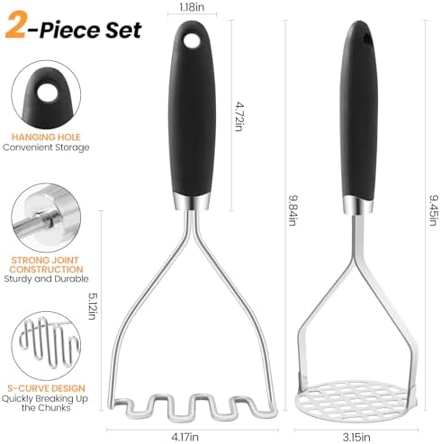 2Pcs Potato Masher Set with Silicone Handle, Premium Stainless Steel
