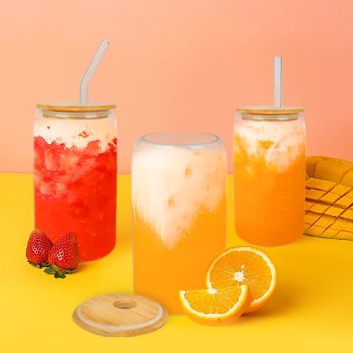 GIVAMEIHF 12 Pcs Glass Cups with Lids and Straws,16 oz Glass Tumbler