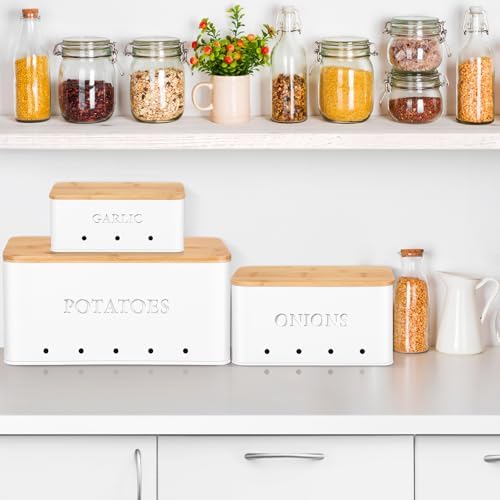 Honeydak 3 PCS White Potato Onion Garlic Storage Bins Set, Metal
