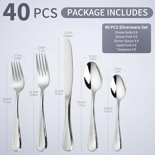 40 Pieces Heavy Silverware Set, 18/10 Stainless Steel Flatware Set for 8
