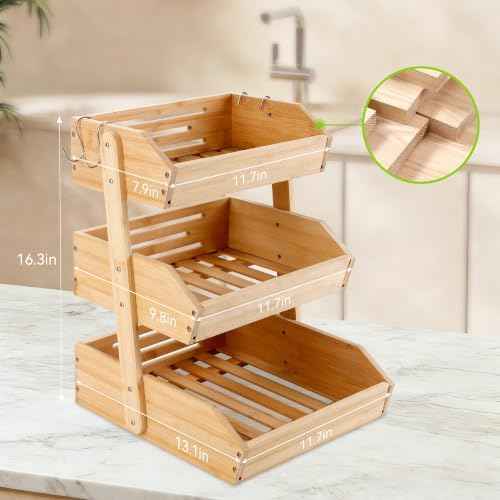 Fyvva 3 Tier Bamboo Fruit Basket with 2 Banana Hangers for Kitchen Counter