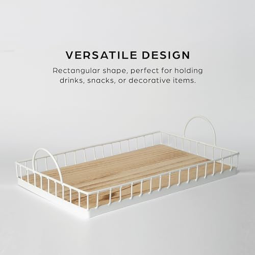 Rectangular Wooden Serving Tray with Wire Frame Metal Handles