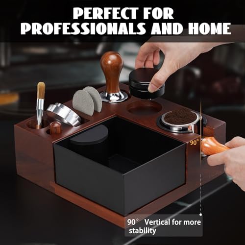 Espresso Knock Box, Walnut Tamping Station, 9 in 1 Coffee Organizer