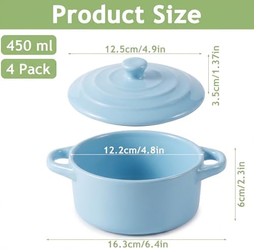 4 Piece Ceramic Cocotte Set, Mini Casserole Pots, 16 Oz, Sky Blue