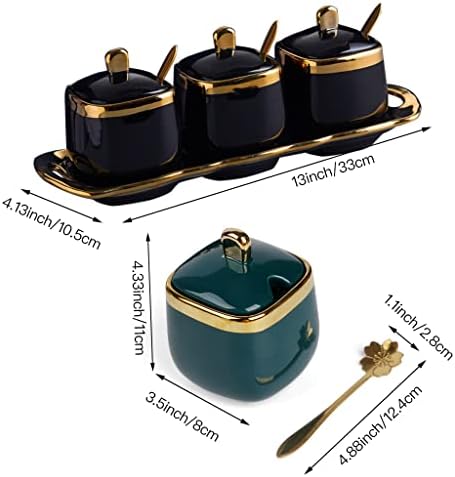 Black Sugar Bowl with Lid and Spoon,Ceramic Condiment Jars Spice