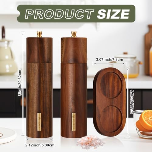 Wooden Salt and Pepper Mill Set with Tray, 8 Inch