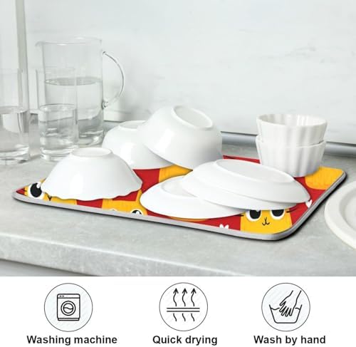 OTVEE Doodle Cat Print Dish Drying Mat for Kitchen Counter Absorbent