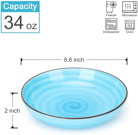 KitchenTour Large Pasta Bowls, 34 Ounce Ceramic Salad Bowl Plates, Set