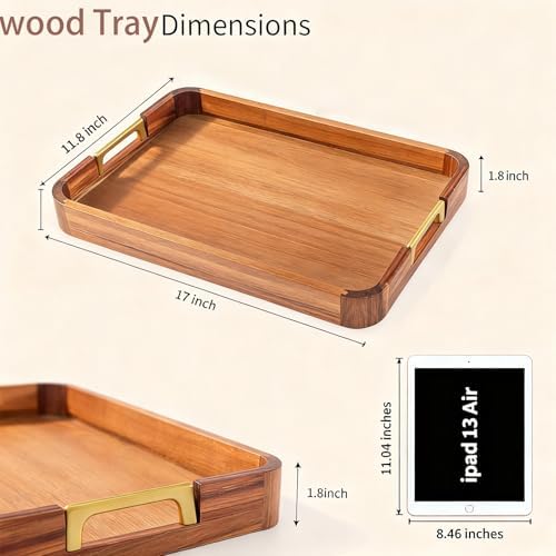 Acacia Wood Serving Tray with Metal Handles, 17x12in Food Drinks Tray