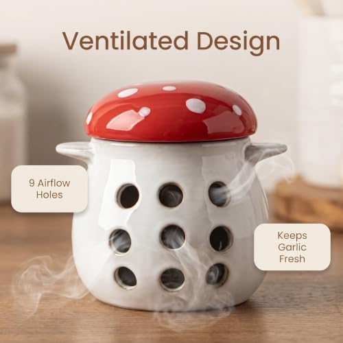 Ceramic Garlic Keeper with Lid Garlic Storage Ventilated Mushroom
