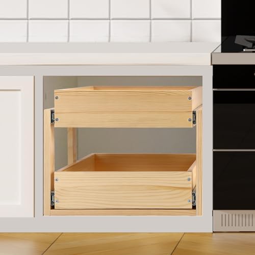Mulush Pull Out Cabinet Organizer, 14''W×21''D×16''H Soft Close Slide Out Wood Drawer Shelves Storage for Kitchen, 2-Tier, Finished, Heavy-Duty, Bottom Assembly