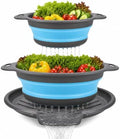2 Collapsible Colanders with Self-Draining Tray(Blue)