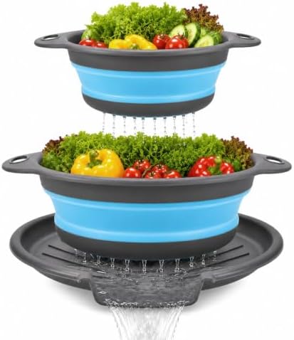 2 Collapsible Colanders with Self-Draining Tray(Blue)