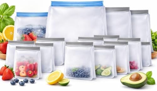 Reusable Silicone Food Storage Bags, 3 Sizes, 15-Piece Set
