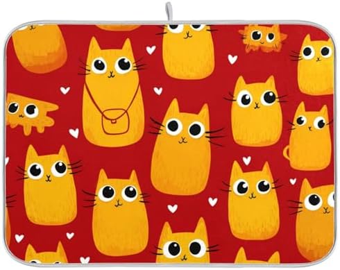 OTVEE Doodle Cat Print Dish Drying Mat for Kitchen Counter Absorbent