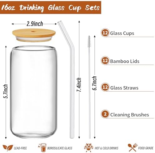 12Pcs Glass Cups with Bamboo Lids and Straws, 16oz Can Shaped Glass