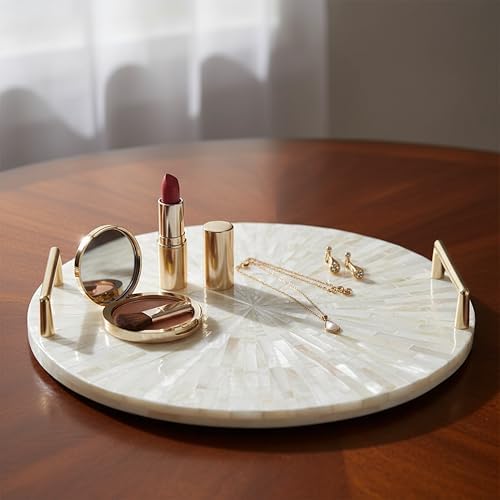 PEMAR Mother of Pearl Decorative Tray, 13" Round with Gold Metal