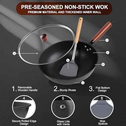 Wok, 13" Carbon Steel Woks & Stir-Fry Pans Nonstick with Glass Lid