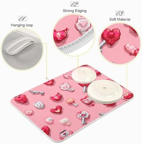 OTVEE Whimsical Pixel Heart Art Dish Drying Mat for Kitchen Counter
