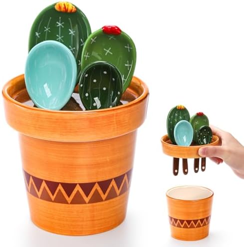 Coloch 5Pcs Ceramic Measuring Spoons in Pot, Cactus Shape Baking