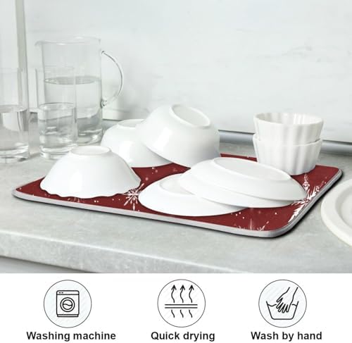 OTVEE Red Snowflake Beauty Dish Drying Mat for Kitchen Counter