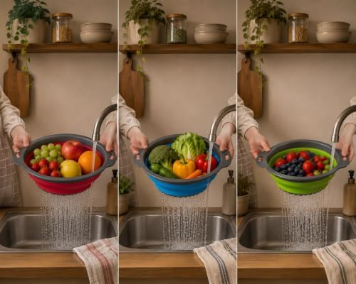 Collapsible Round Silicone Colander Set of 3, BPA-Free Nesting Kitchen