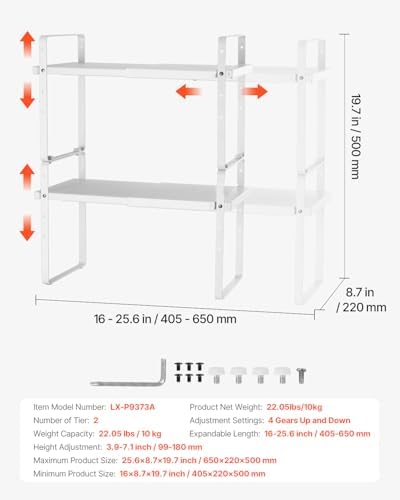 VEVOR Adjustable Kitchen Cabinet Shelf Organizer, Expandable 2 Tier Cabinet Shelf, Stackable Countertop Organizers and Storage Risers, Pantry for Kitchen Bathroom Office, White
