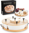 Chip and Dip Serving Set | Rotating Bamboo Lazy Susan Appetizer Tray with Black Handles | White Ceramic Bowls with Bamboo Lids | Divided Round Party Platter | Giftable