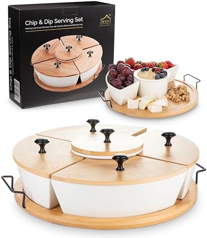 Chip and Dip Serving Set | Rotating Bamboo Lazy Susan Appetizer Tray with Black Handles | White Ceramic Bowls with Bamboo Lids | Divided Round Party Platter | Giftable