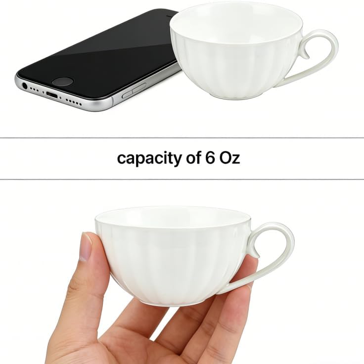 Yesland Set of 6 Royal Tea Cups and Saucers, 6 oz White Porcelain Tea