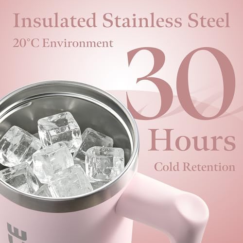 30 oz Pink Insulated Coffee Tumbler with Handle and Flip Straw 100%