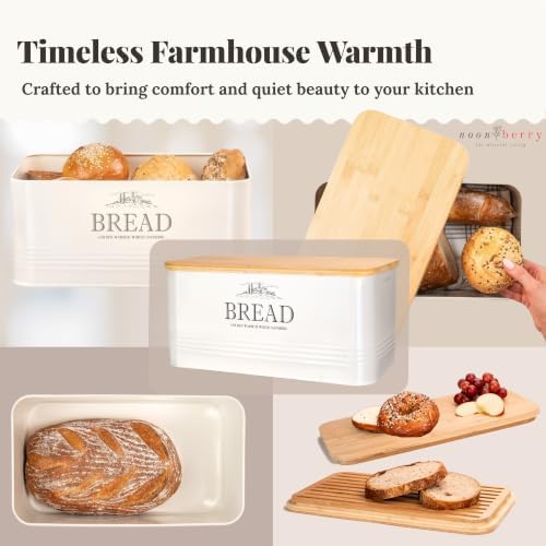 noonberry Metal Bread Box for Kitchen Countertop, Bamboo Lid, Farmhouse