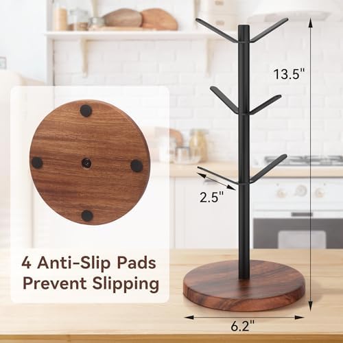 Coffee Mug Tree Holder Countertop, Non-Slip Walnut Wood Mug Rack with