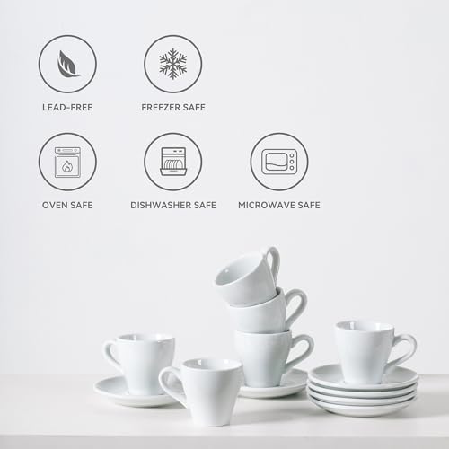 Espresso Cups Set of 6, 2.8 oz White Espresso Cups and Saucers