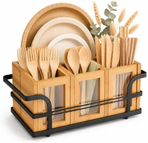 Bamboo Silverware Caddy with Paper Plate Holder