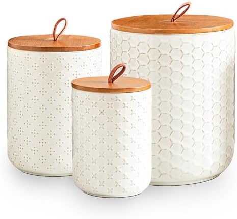 JOJUNO White Embossed Ceramic Canister 3 Piece with Airtight Bamboo
