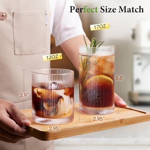 Ribbed Drinking Glasses Cups Set of 8 Large Capacity Highball