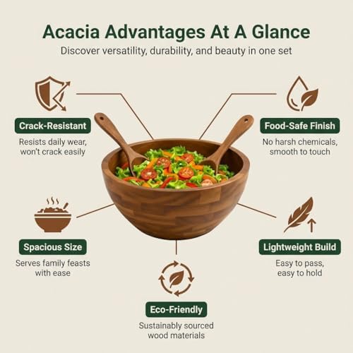 Shalinindia Large Acacia Wood Salad Bowl Set with Utensils, 12.5 In
