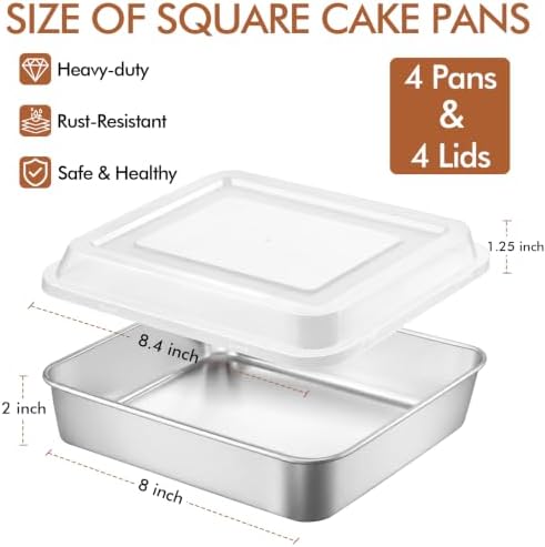 4 Pieces 8 x 8 Baking Pan with Lid, Stainless Steel Square Cake Pan