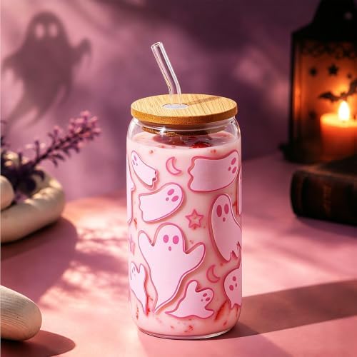 Halloween Ghost Gift for Women Pink Glass Cup with Lid and Straw