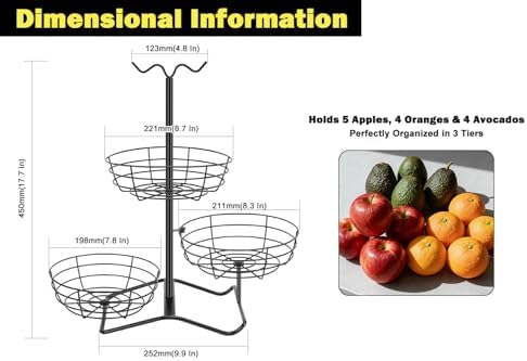 3 Tier Fruit Basket Bowl with 2 Banana Hooks, Solid Metal Standing Vegetable Storage for Kitchen Counter, Large Capacity Organizer for Bread Snack Produce (Black)