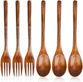 6 Pcs Wooden Forks and Spoons Reusable Wooden Spoons Forks Set Eating