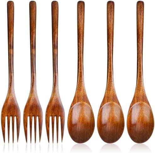 6 Pcs Wooden Forks and Spoons Reusable Wooden Spoons Forks Set Eating