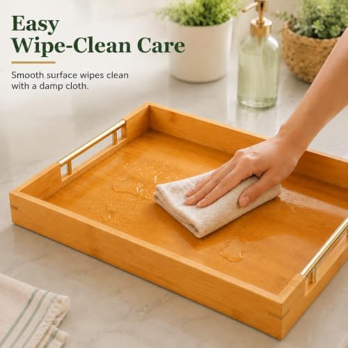 Bamboo Serving Tray, Wooden Tray with Gold Handles, 15L x10W x2H in