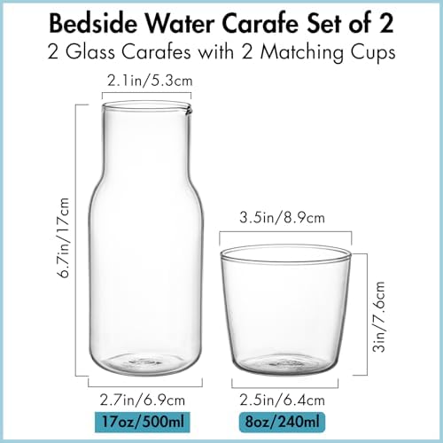 YOUEON 2 Sets 17 Oz Bedside Water Carafe and Glass Set, Nightstand