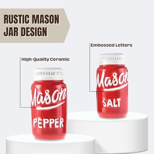 Mason Jar Red Salt and Pepper Shakers Set - Small and Cute Ceramic