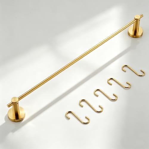 NEWRAIN Pot Rack Wall Mounted, 21 inch Hanging Pot and Pan Hanger, Stainless Steel Kitchen Rail Coffee Mug Rack with 10 S Hooks,Brushed Gold