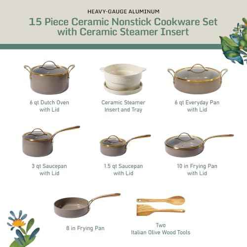 Bloomhouse 15-Piece Ceramic Nonstick Cookware Set, Two Time Oprah's Favorite Things, Heavy-Gauge Aluminum Pots and Pans Set, PFAS & PFOA & PTFE Free Ceramic Cookware, Oven Safe to 500°F, Cappuccino