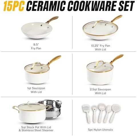 GOTHAM STEEL 15 Pc Ceramic Cookware Set, Diamond and Titanium Coated